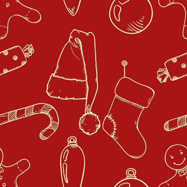 スケッチ クリスマス オブジェクトとのシームレスなパターンのベクトルの背景
