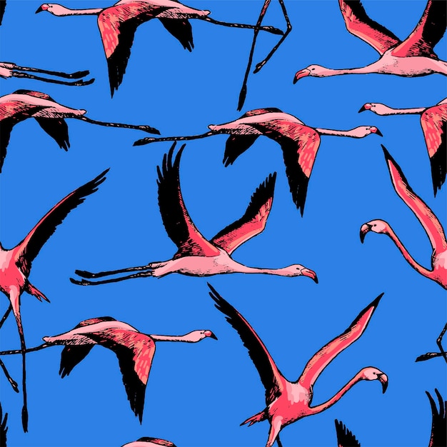Vector seamless pattern of beautiful flamingos. Exotic birds ornament. Tropical colorful design for wallpaper, textile, print, fabric, background.