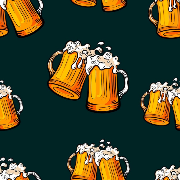 Vector vector seamless pattern beer beer mugs on dark background colorful