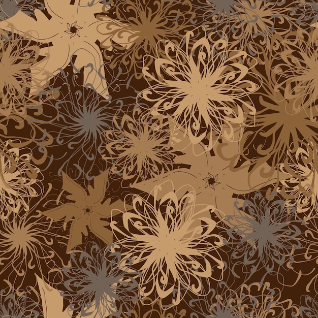 Vector seamless pattern of beige mandalas on a background different curlicues and lines
