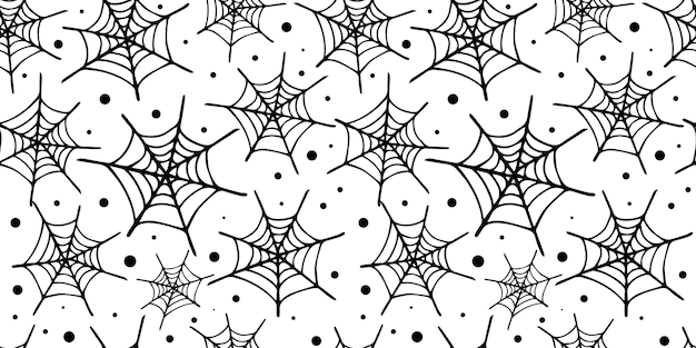 Modello vettoriale senza cuciture di ragnatela disegnata a mano nera e punti su sfondo bianco modello carino di halloween con ragnatela design di halloween per carta da imballaggio o copertina