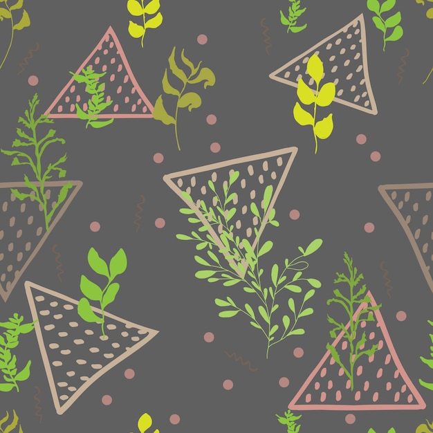 Vector seamless pattern of branches leaves and abstract triangles zigzags with dotsBackground for fabric textile wallpaper paper spring invitations and cards Natural green colors