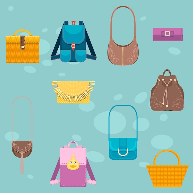 Vector seamless pattern and bright cartoon illustration with bags