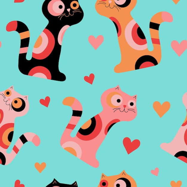 Vector seamless pattern Bright multicolored cartoon cats with hearts Backgrounds and textures