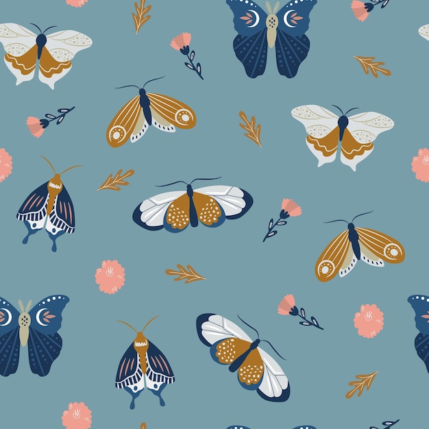 Vector seamless pattern of butterflies and flowers on blue background Beautiful trendy background