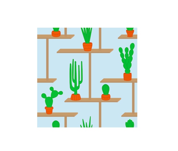 Vector seamless pattern cacti on the shelves