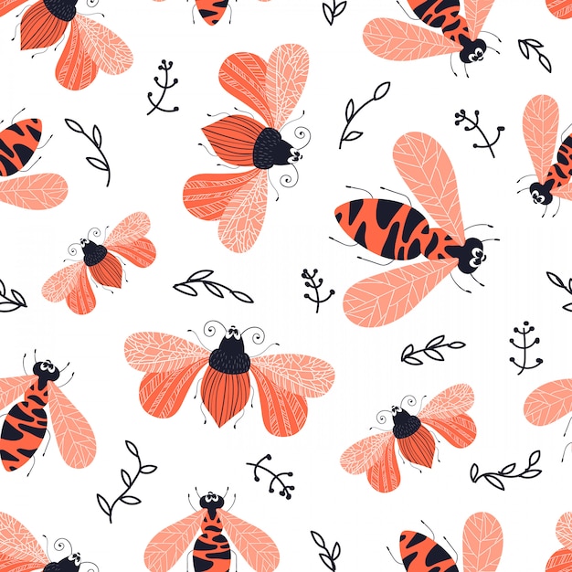 Vector seamless pattern - cartoon bug or beetle, flat