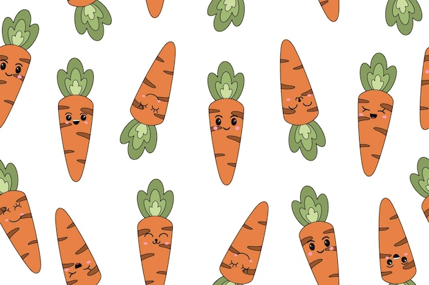 Vector seamless pattern of cartoon hand drawn doodle carrot with kawaii face isolated on white background Vector illustration