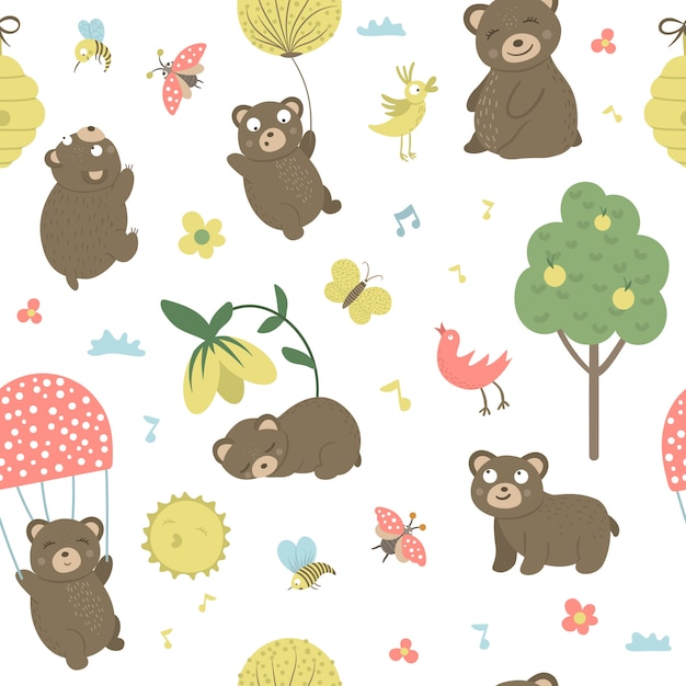 Vector seamless pattern of cartoon style hand drawn flat bears in different poses. Repeat space of funny scenes with Teddy. Cute illustration of woodland animals for print