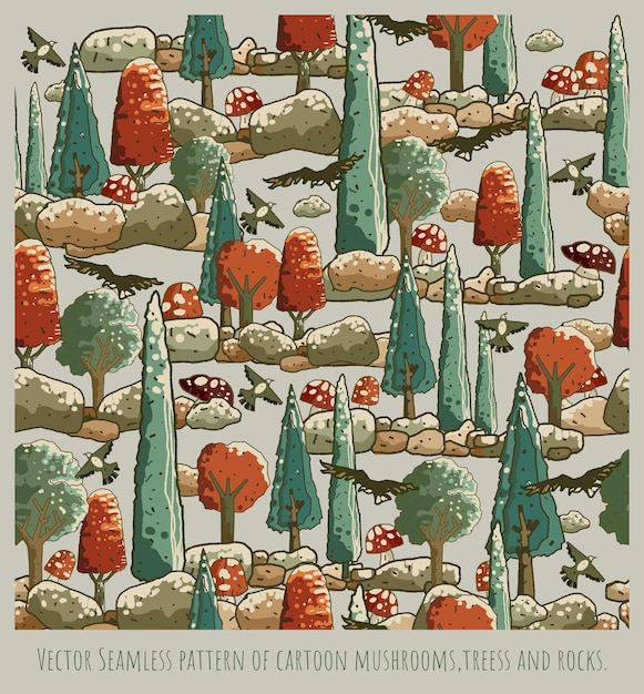 만화 나무 버섯과 바위의 벡터 완벽 한 패턴