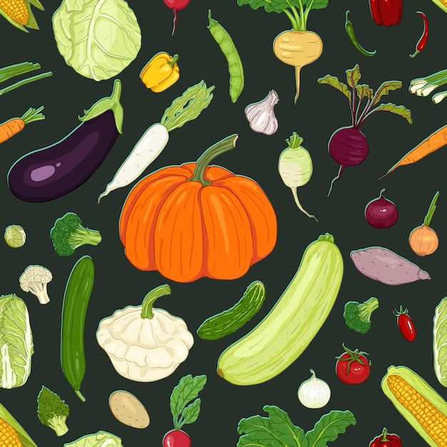 Vector seamless pattern of cartoon vegetables on dark background