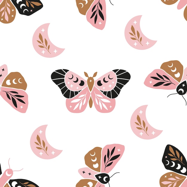 Vector seamless pattern - celestial butterfly. mystical insect luna moth, floral moon on white background. design for magic print, fabric, wallpaper, textile, magical decor.