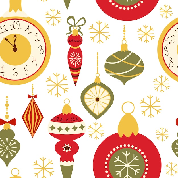 Vector seamless pattern of Christmas toys Vintage Christmas tree balls retro in red and green