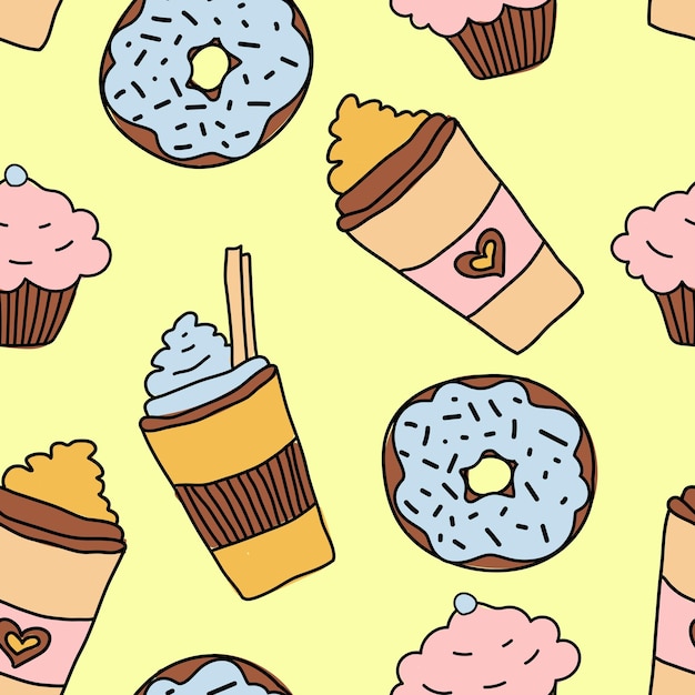 Vector seamless pattern of coffee cups donuts on a pastel yellow background