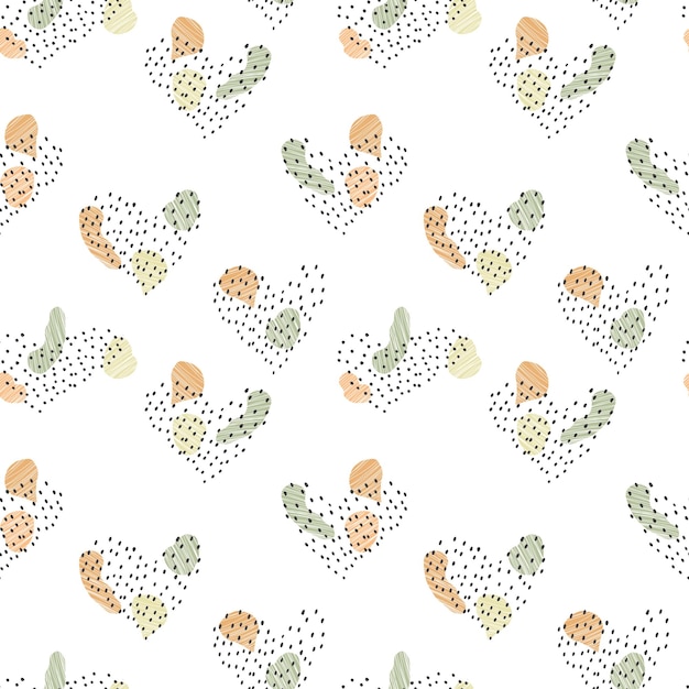 Vector seamless pattern of colored spots with lines and hearts with polka dots beige on colored background