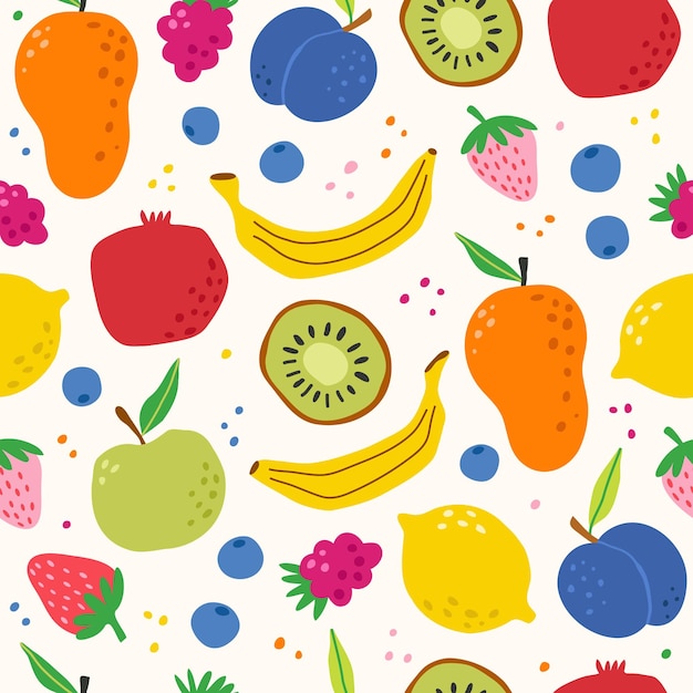 Vector seamless pattern of colorful fruits and berries Summer print with hand drawn fruits