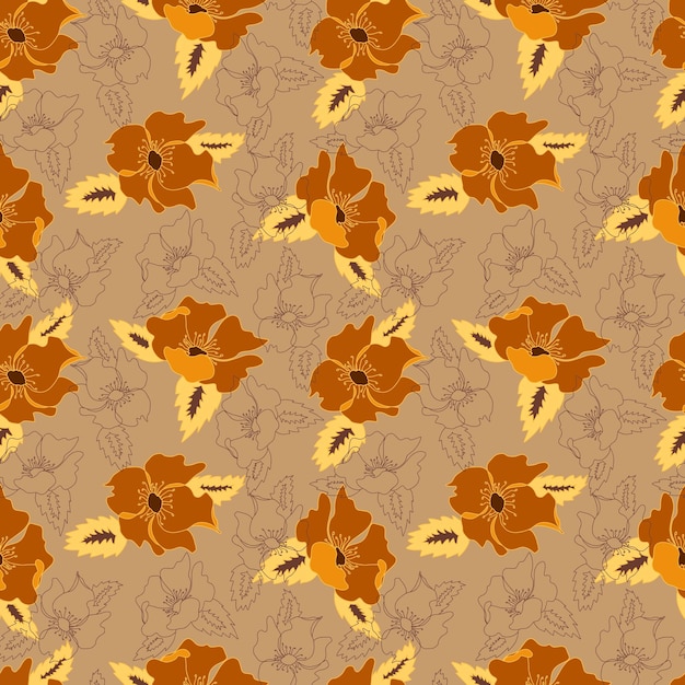 Vector seamless pattern contour floral with opened leaves and buds on a contrasting background Botanical illustration for fabrics textiles wallpapers papers backgrounds