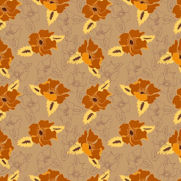 Vector seamless pattern contour floral with opened leaves and buds on a contrasting background Botanical illustration for fabrics textiles wallpapers papers backgrounds