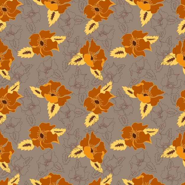 Vector seamless pattern contour floral with opened leaves and buds on a contrasting background Botanical illustration for fabrics textiles wallpapers papers backgrounds