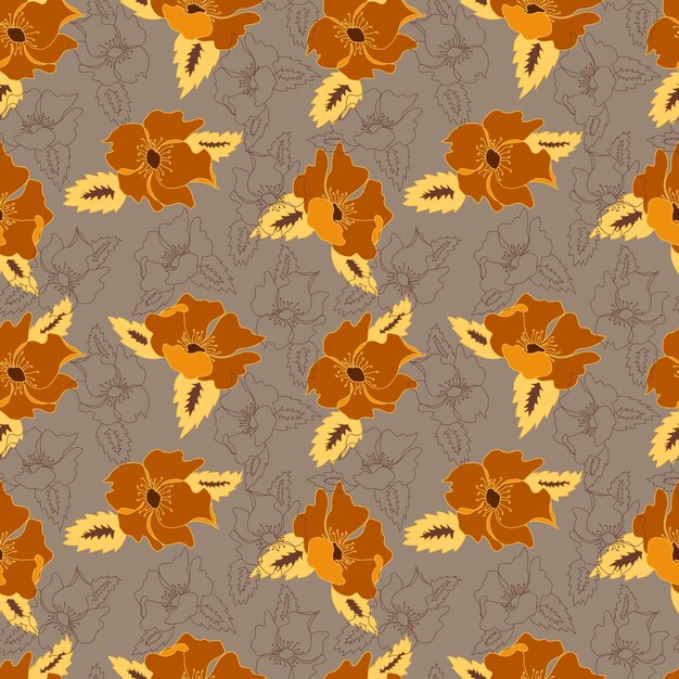 Vector seamless pattern contour floral with opened leaves and buds on a contrasting background Botanical illustration for fabrics textiles wallpapers papers backgrounds