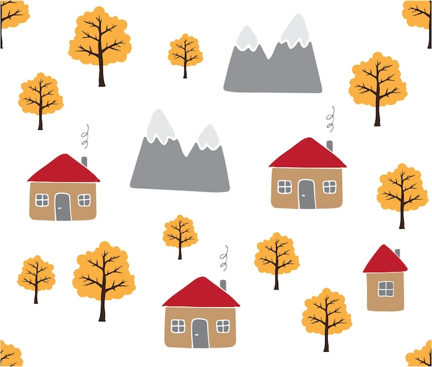 Vector seamless pattern of country house and tree