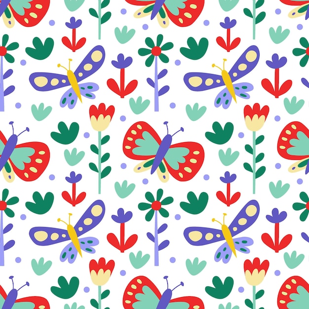 Vector seamless pattern Cute butterfly flowers on white background scandinavian pattern