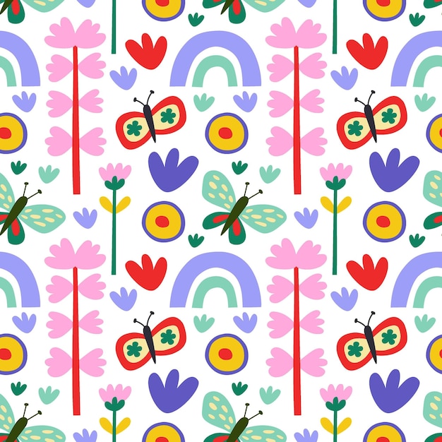 Vector seamless pattern Cute butterfly rainbow flowers on white background scandinavian pattern