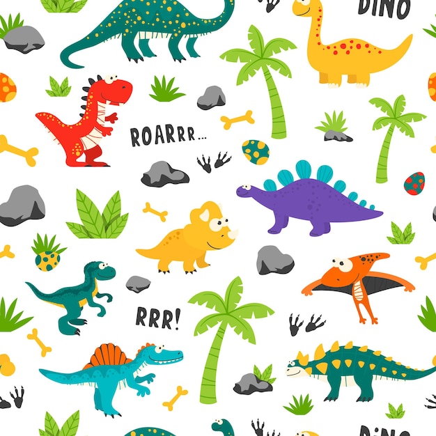 Vector seamless pattern cute and funny flat dinosaurs trex stegosaurus velociraptor pterodactyl brachiosaurus ankylosaurus diplodocus spinosaurus brontosaurus triceratops dinosaur print