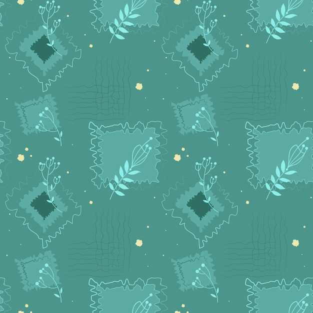 Vector seamless pattern, decorative flowers and distorted geometric shapes on a turquoise background