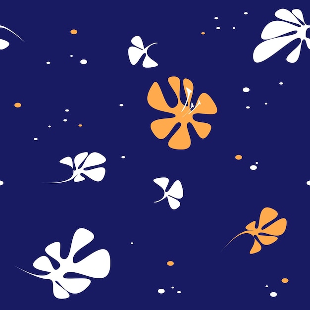 Vector seamless pattern, decorative flowers and leaves on a blue background.