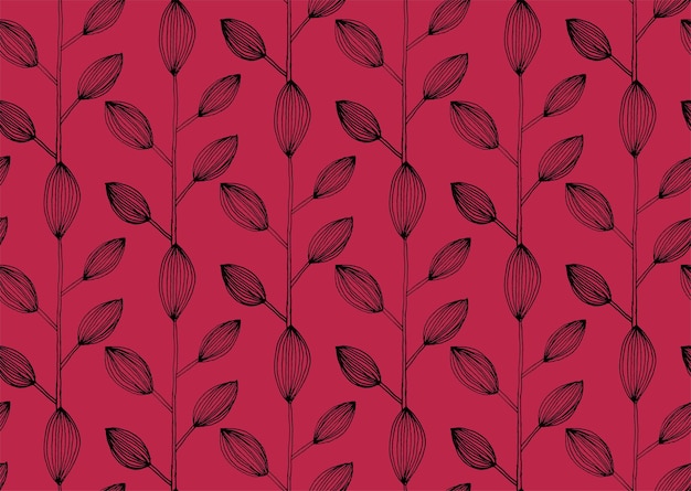 Vector seamless pattern design with hand drawn sketch leaves illustration and viva magenta color