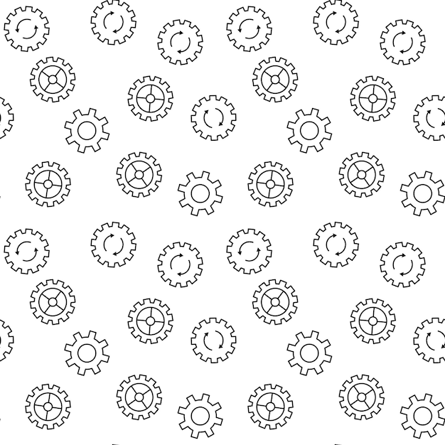 Vector seamless pattern of different cogwheels gears setting signs on white background