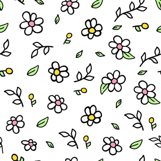 Reticolo senza giunte doodle scarabocchi fiori disordinati con pois. sfondo per carta da regalo per ragazzi e ragazze. sfondo di estati di inchiostro in giallo e rosa. immagini luminose