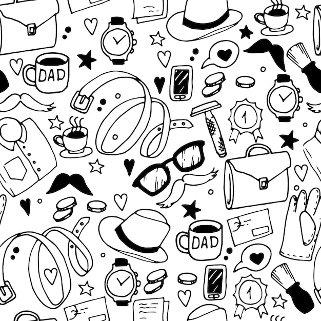 Vettore modello senza cuciture in stile doodle festa del papà in bianco e nero elementi antistress