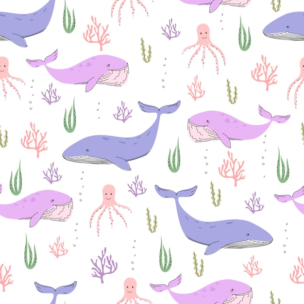 Vector seamless pattern in doodle style with marine animals and algae