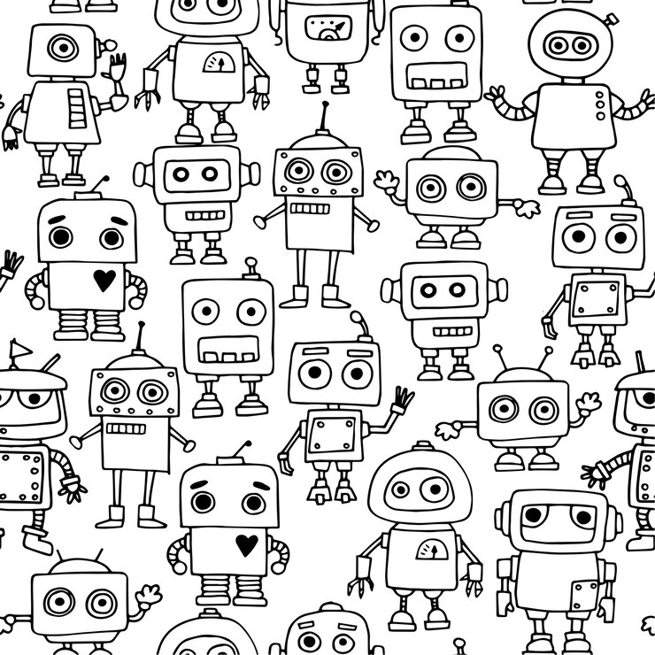 Vector vector seamless pattern drawings in doodle style cute robots simple illustration for kids