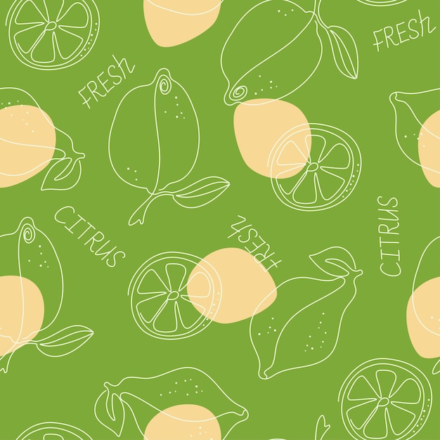 Vector seamless pattern Drawings lemons line art with inscriptions Green isolated background