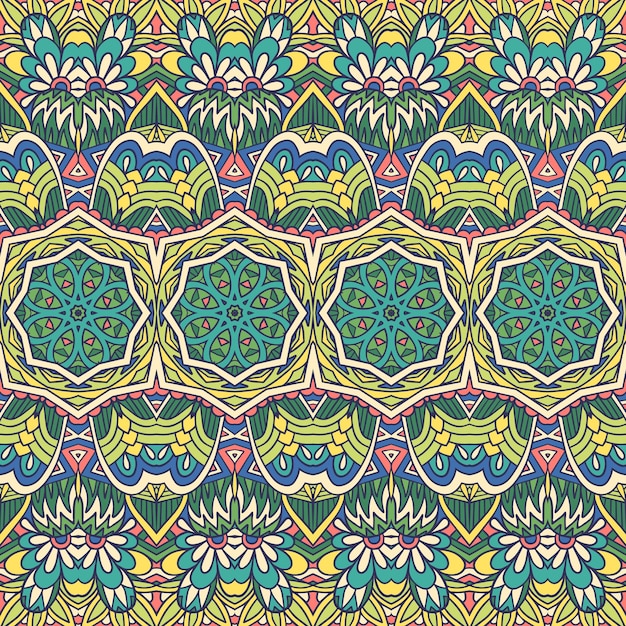 Vector seamless pattern ethnic flower colorful tribal print. Damask design with mandalas green