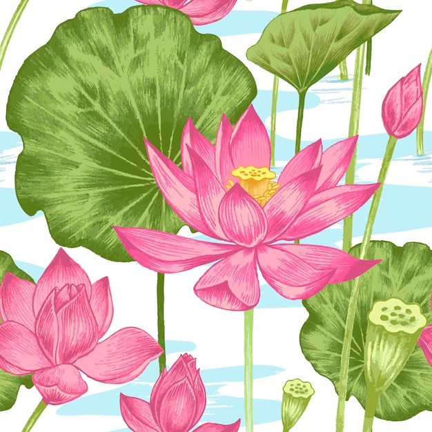 Vector Seamless Pattern Exotic Flowers Pond with Lotus Vintage Style