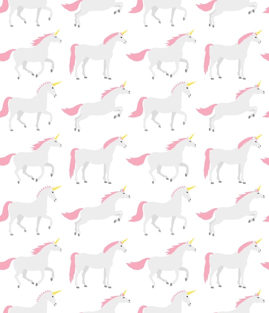 Vector seamless pattern of flat cartoon hand drawn unicorn isolated on white background