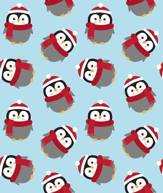 Vector seamless pattern of flat cartoon penguin