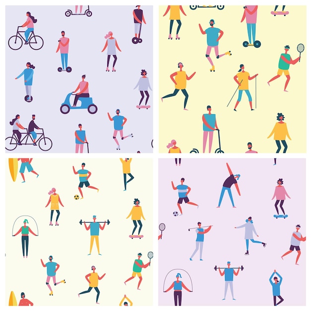 Vector seamless pattern in flat design with group of people doing different kinds of sport in the flat style