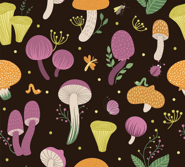 Vector seamless pattern of flat funny mushrooms with berries, leaves and insects. autumn repeating space. cute fungi illustration on black backdrop