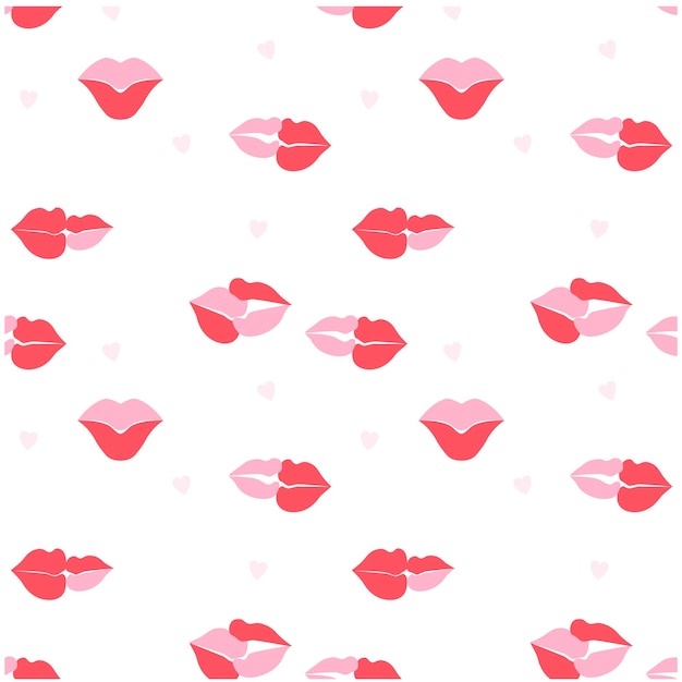 Vector seamless pattern in flat style with lips kisses hearts