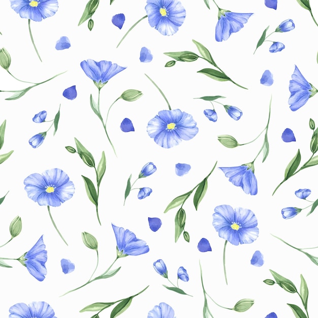 Vector seamless pattern of flax wildflowers Watercolor floral seamless pattern of blue flowers