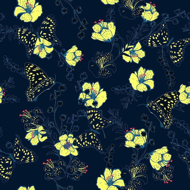 Vector seamless pattern flower and butterflies vector