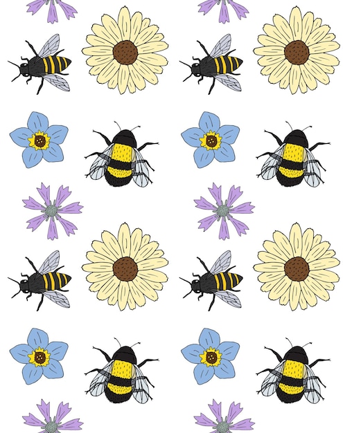 Vector seamless pattern of flowers and bee