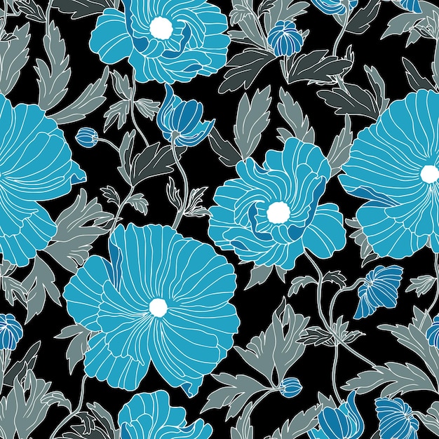 Vector seamless pattern flowers of poppies with leaves Botanical illustration for wallpaper textile fabric clothing paper postcards