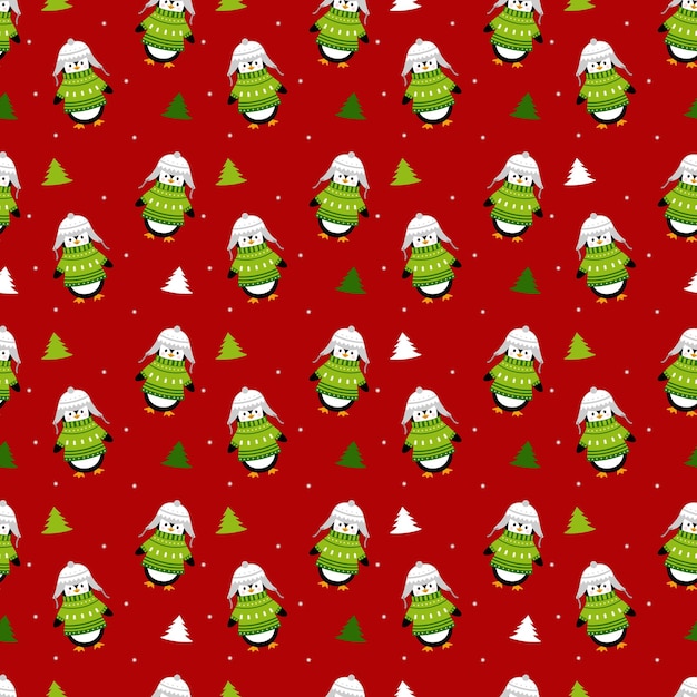 Vector vector seamless pattern funny penguins with christmas tree