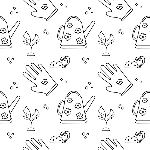 Vector seamless pattern on garden topic Doodle illustrations watering can glove plant ladybug dots